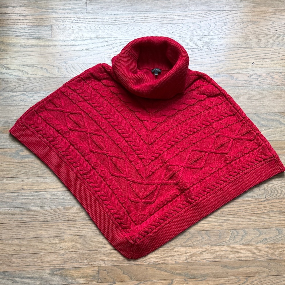 Talbots Red Cable Knit Cowl Neck Poncho Sweater - One Size